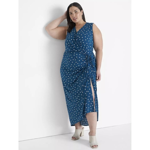 Lane Bryant Sleeveless Polka Dot Surplice Neck Ruched Maxi Dress Size 14/16 NWT - Picture 1 of 11